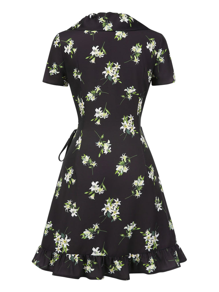 [Vorverkauf] Schwarz 1950er Lilie Rüsche V-Ausschnitt Wickeln Kleid