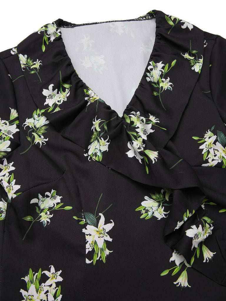 [Vorverkauf] Schwarz 1950er Lilie Rüsche V-Ausschnitt Wickeln Kleid