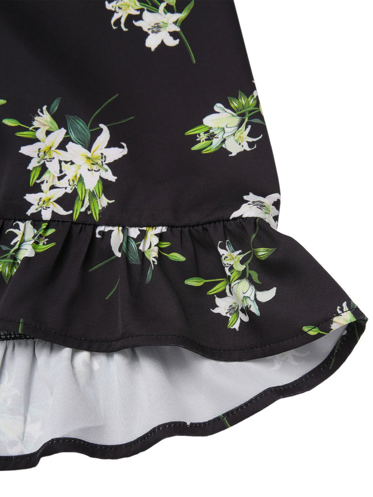 [Vorverkauf] Schwarz 1950er Lilie Rüsche V-Ausschnitt Wickeln Kleid
