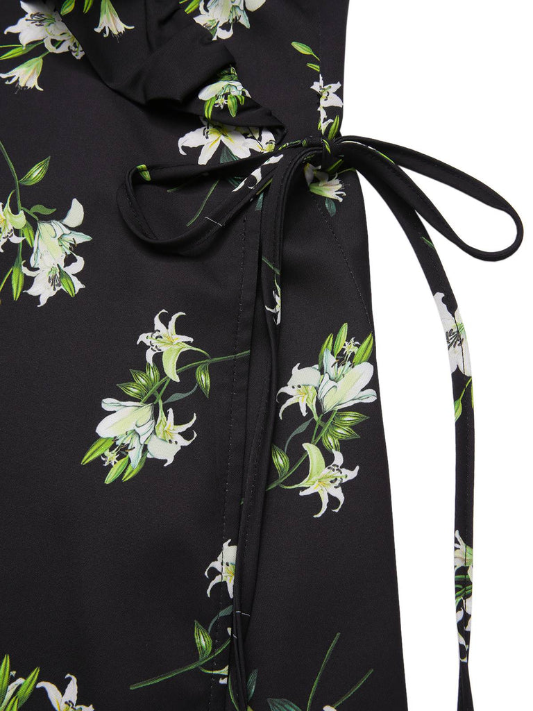 [Vorverkauf] Schwarz 1950er Lilie Rüsche V-Ausschnitt Wickeln Kleid