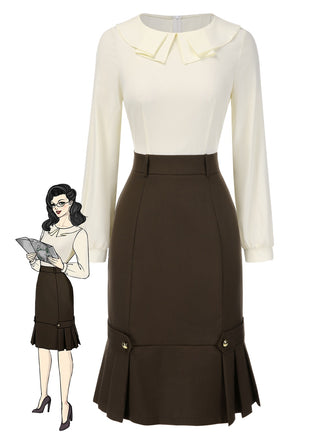 Braun 1960er Kontrast Langarm Bleistift Kleid