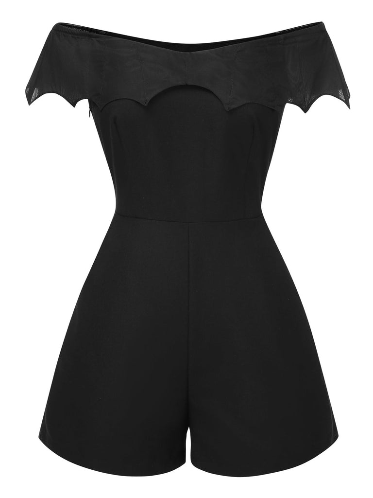 [Vorverkauf] Schwarz 1950er Gothic Schläger Schulterfrei Netz Romper