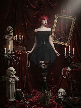 2PCS Schwarz 1950er Gothic Schläger Romper & Cover-Up