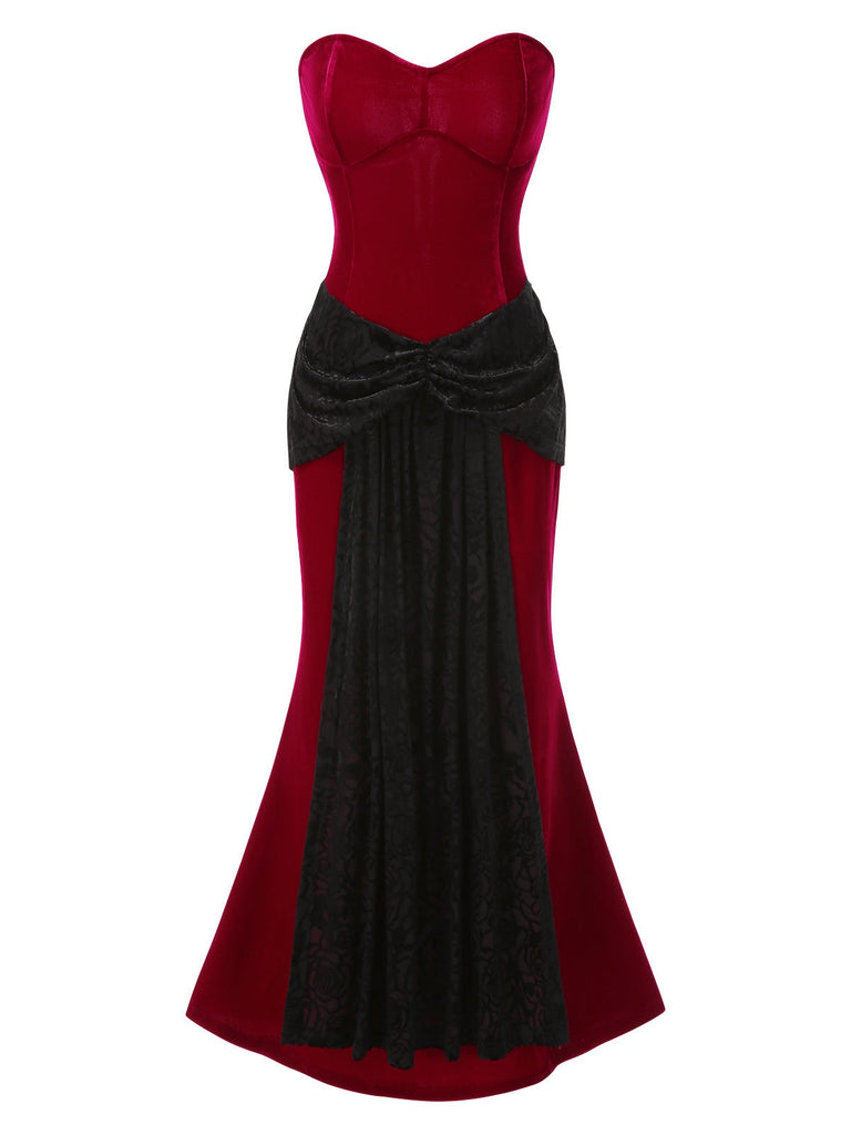[Vorverkauf] Rot 1930er Samt Bandeau Fischschwanz Maxi Kleid