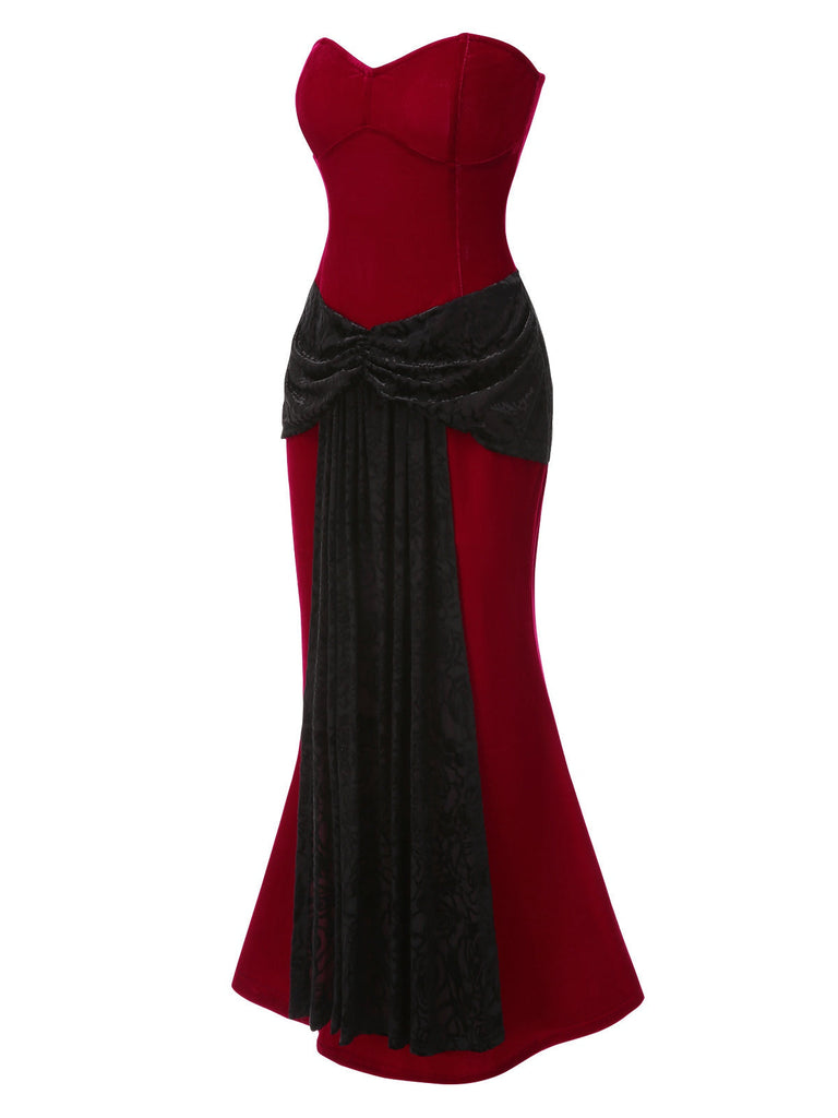 [Vorverkauf] Rot 1930er Samt Bandeau Fischschwanz Maxi Kleid