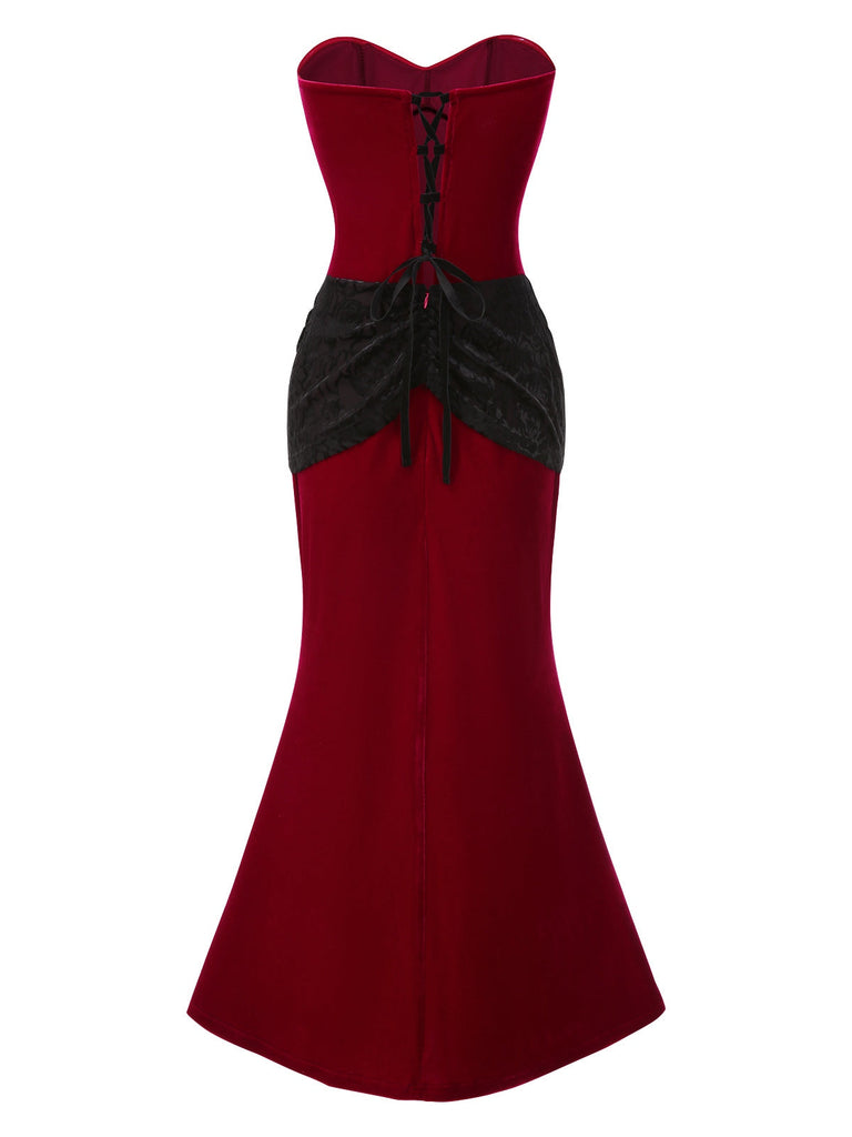 [Vorverkauf] Rot 1930er Samt Bandeau Fischschwanz Maxi Kleid