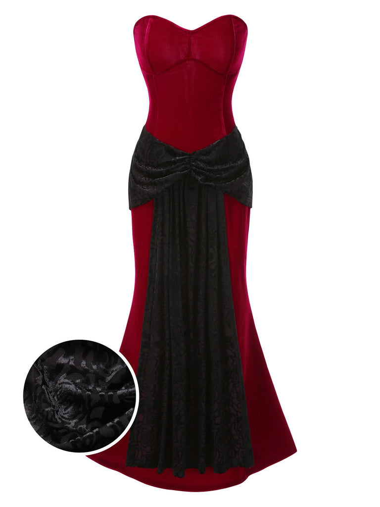 [Vorverkauf] Rot 1930er Samt Bandeau Fischschwanz Maxi Kleid