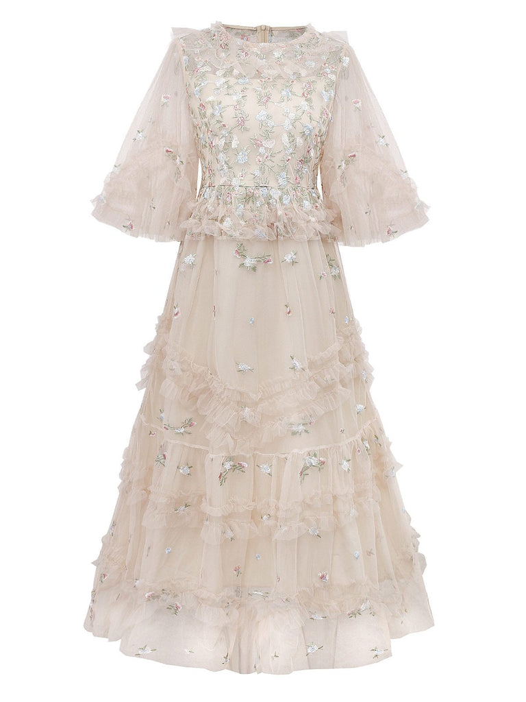 Beige 1930er Blumen Stickerei Illusion Netz Rüschen Kleid