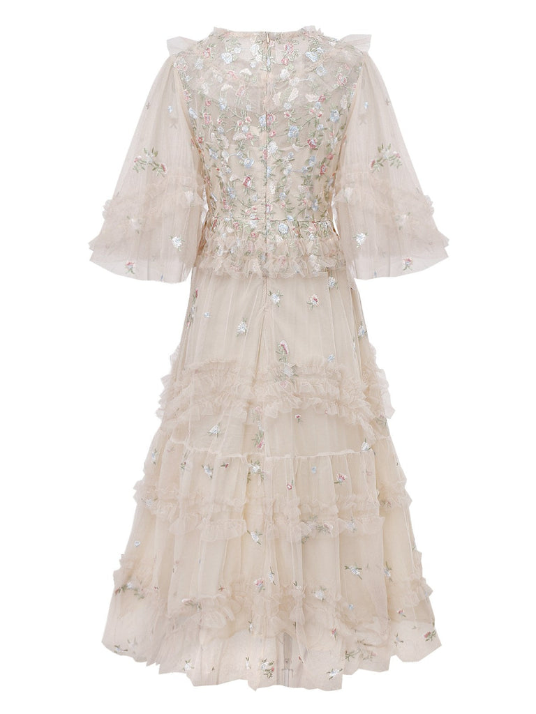 Beige 1930er Blumen Stickerei Illusion Netz Rüschen Kleid