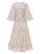 Beige 1930er Blumen Stickerei Illusion Netz Rüschen Kleid