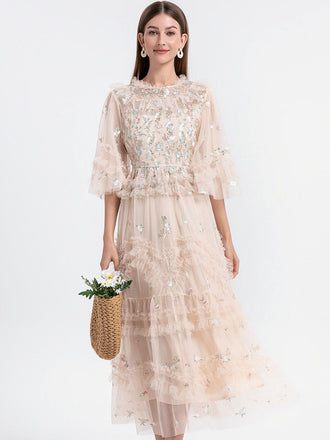 Beige 1930er Blumen Stickerei Illusion Netz Rüschen Kleid