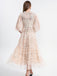 Beige 1930er Blumen Stickerei Illusion Netz Rüschen Kleid