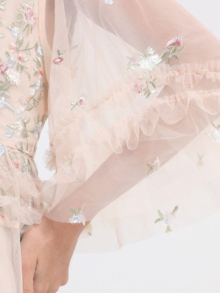 Beige 1930er Blumen Stickerei Illusion Netz Rüschen Kleid