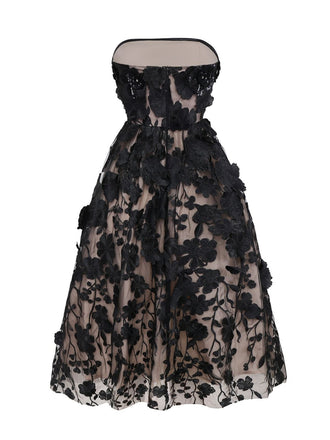 Schwarz 1950er Bandeau Netz 3D-Blumen Patchwork Kleid