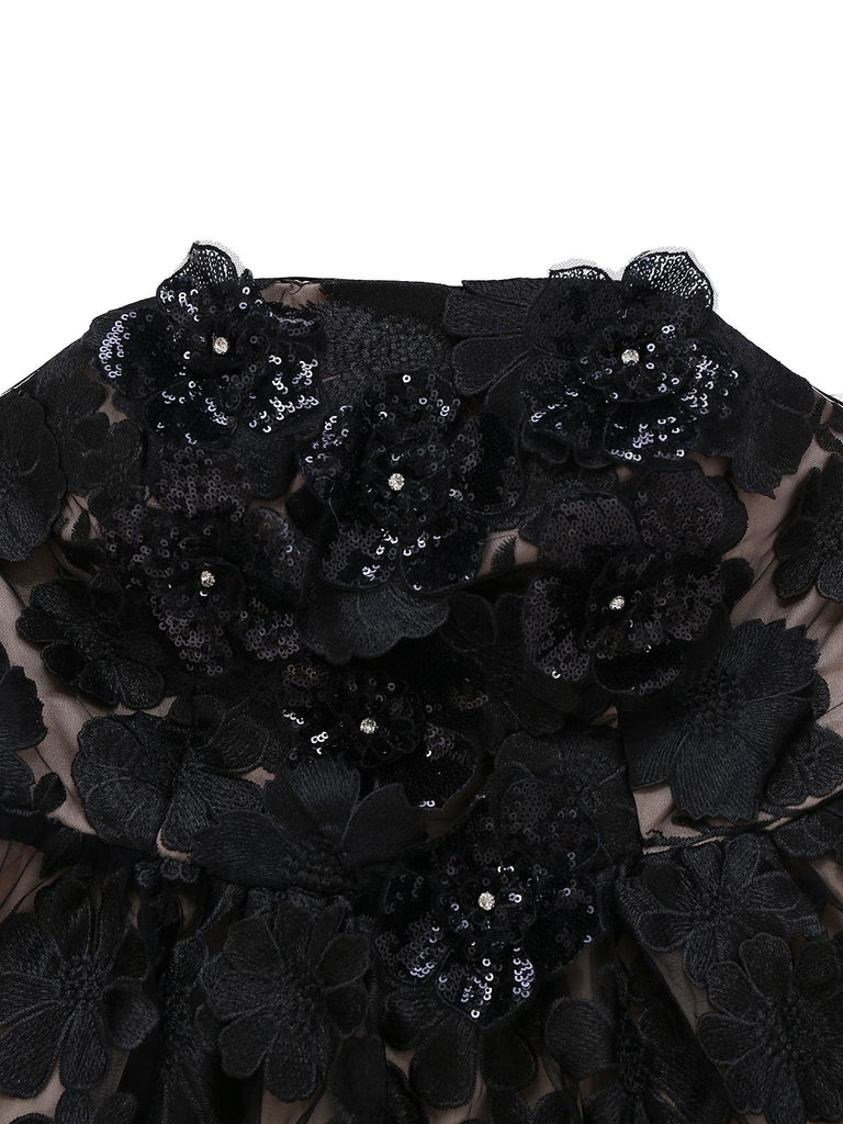 Schwarz 1950er Bandeau Netz 3D-Blumen Patchwork Kleid