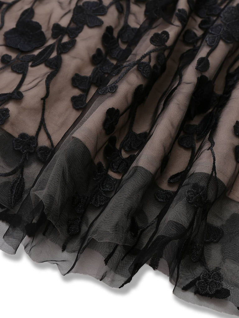 Schwarz 1950er Bandeau Netz 3D-Blumen Patchwork Kleid