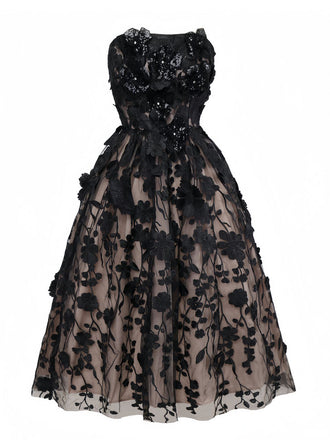 Schwarz 1950er Bandeau Netz 3D-Blumen Patchwork Kleid