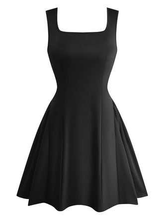 1950er Solide Quadratischer Hals Breiter Gurt Gerüschtes Kleid