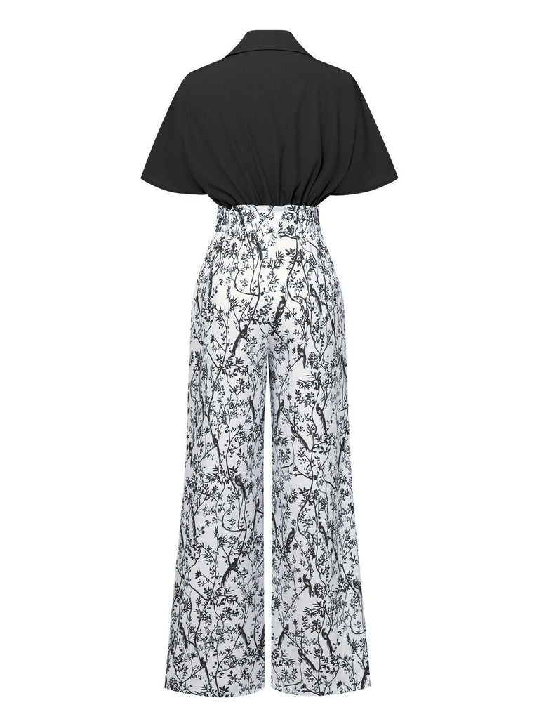 2PCS 1930er Dolman-Ärmel Revers Bluse & Blumen Hosen