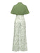2PCS 1930er Dolman-Ärmel Revers Bluse & Blumen Hosen