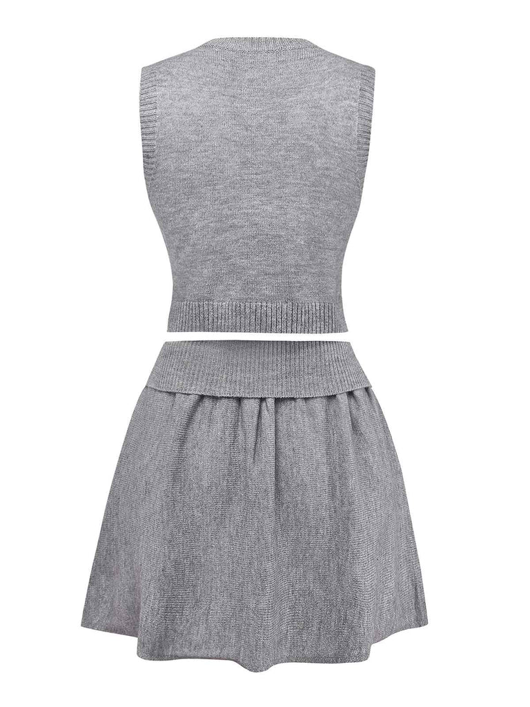 2PCS Grau 1960er Stricken V-Ausschnitt Top & Rock