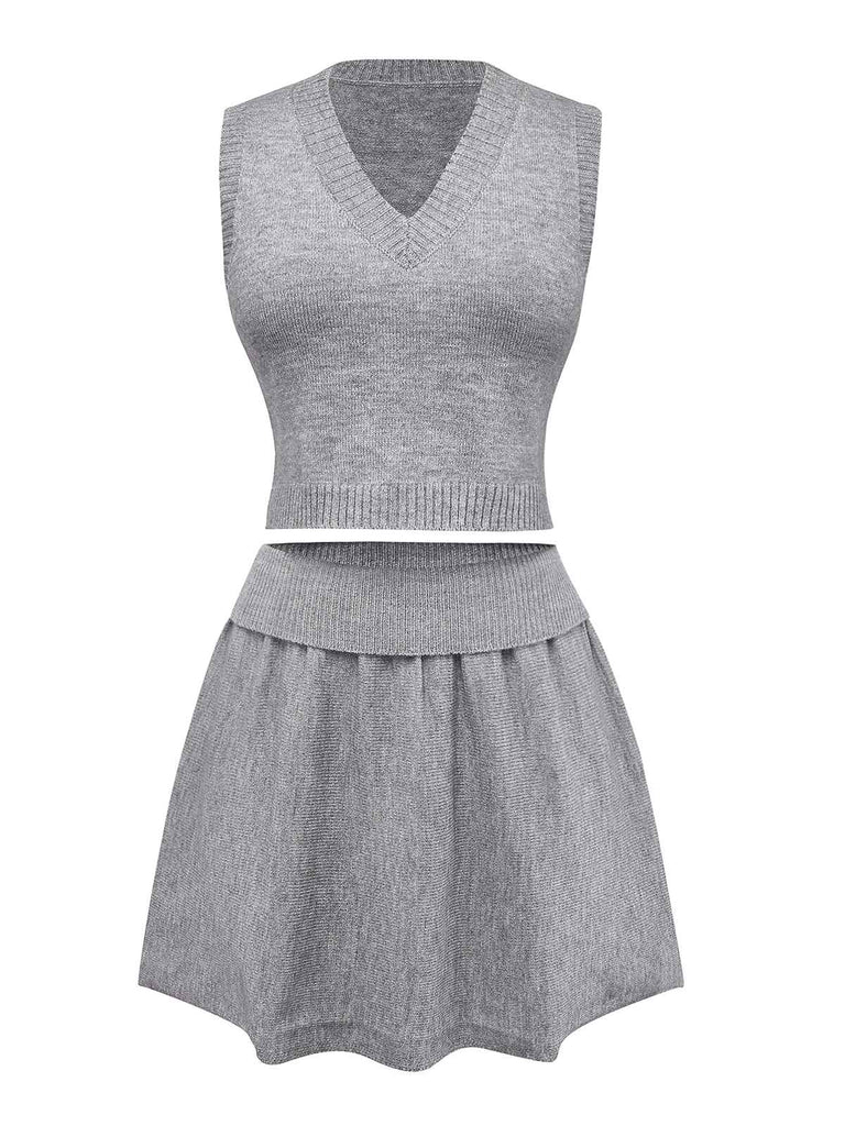 2PCS Grau 1960er Stricken V-Ausschnitt Top & Rock