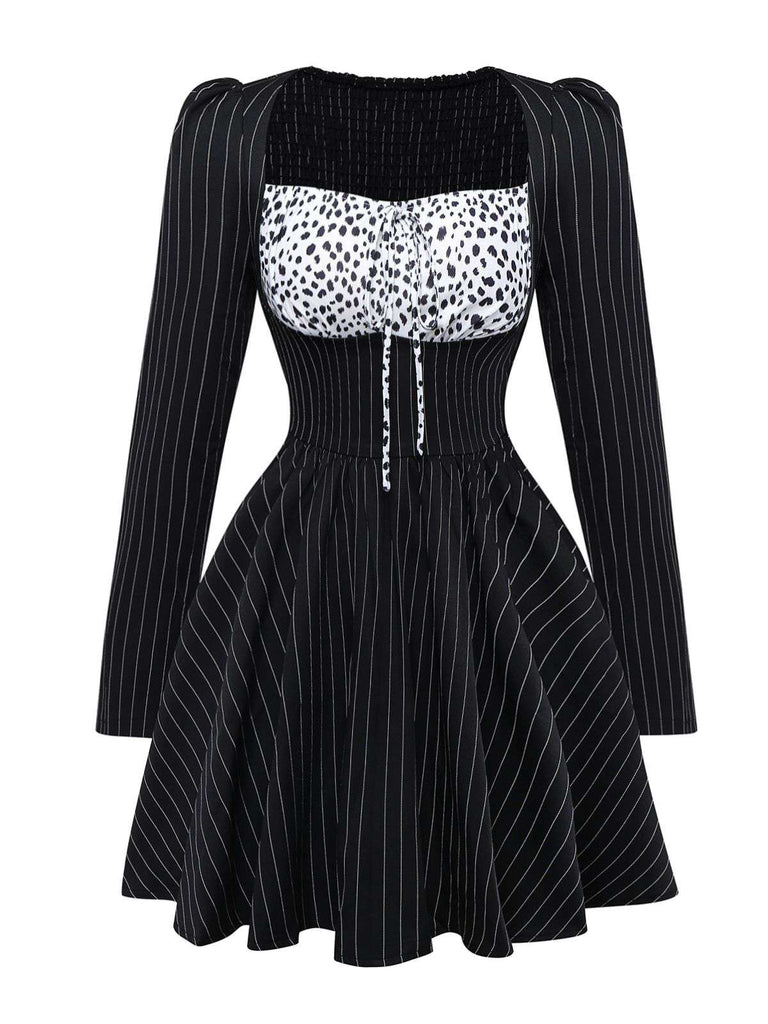 Schwarz 1950er Leopard Vertikal Streifen Taille Kleid