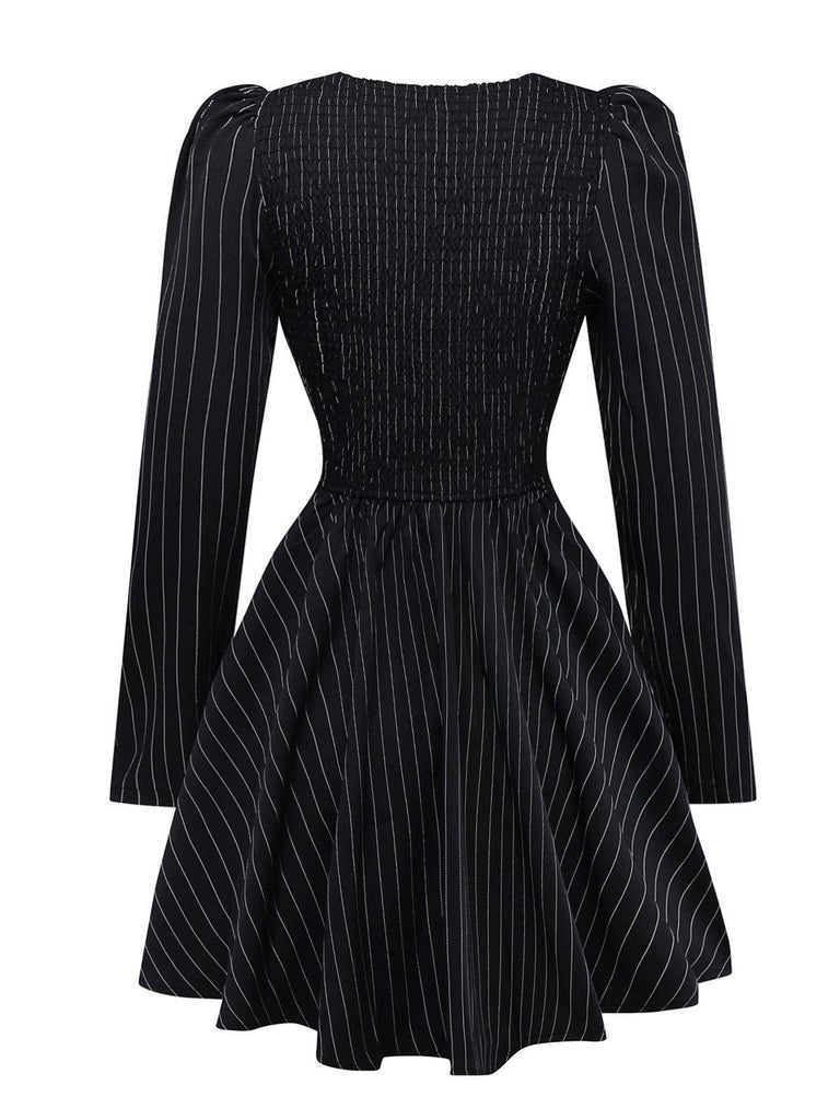 Schwarz 1950er Leopard Vertikal Streifen Taille Kleid