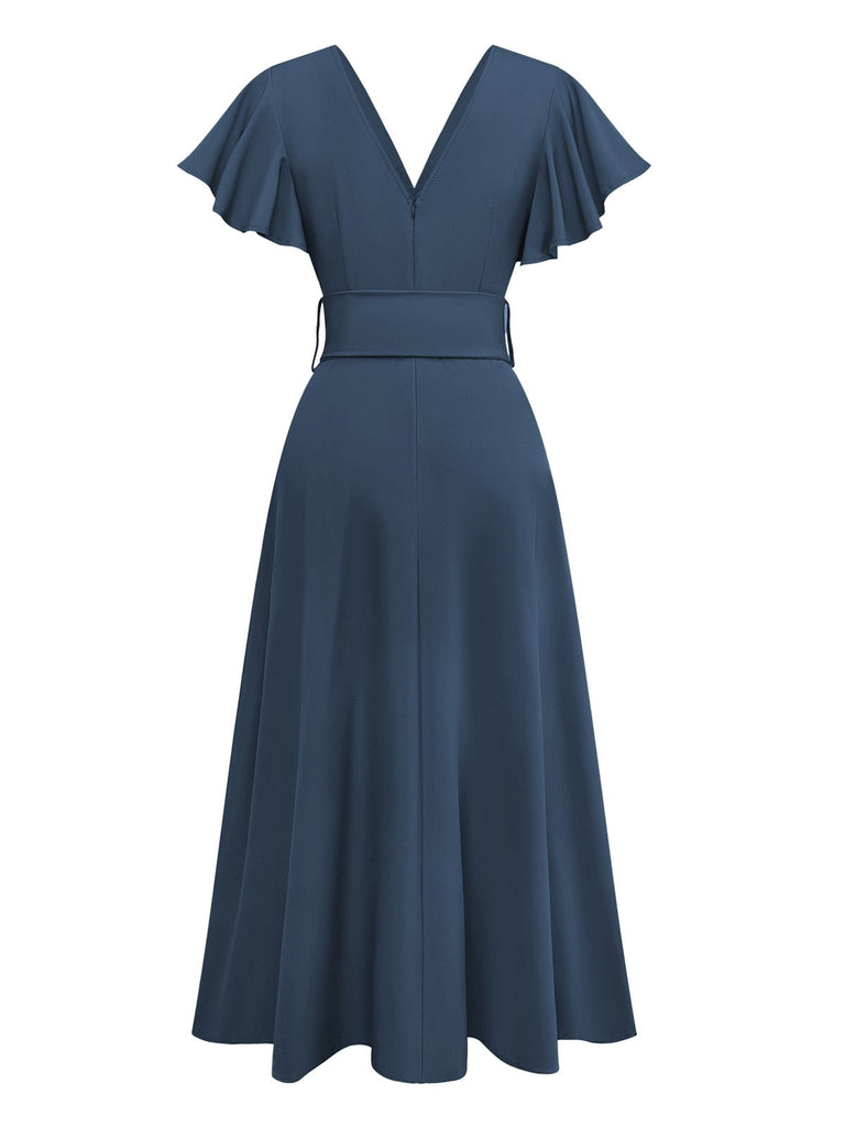 1940er Solide Ausgestellte Ärmel Tief V-Ausschnitt Gürtel Kleid