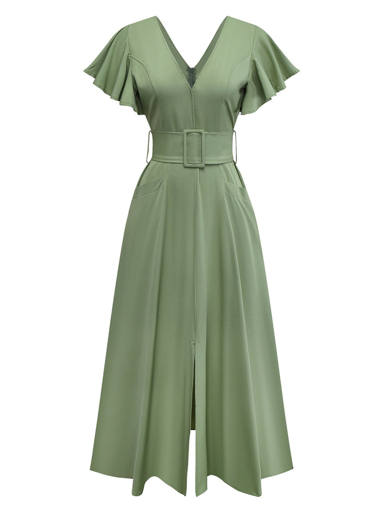 1940er Solide Ausgestellte Ärmel Tief V-Ausschnitt Gürtel Kleid