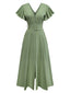 1940er Solide Ausgestellte Ärmel Tief V-Ausschnitt Gürtel Kleid