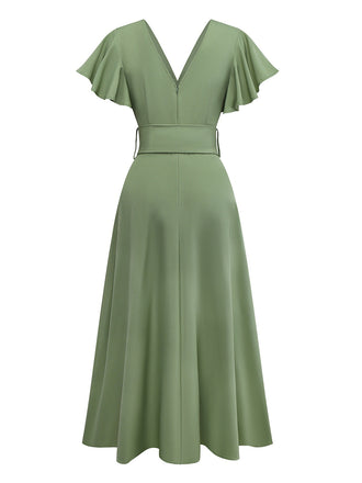 1940er Solide Ausgestellte Ärmel Tief V-Ausschnitt Gürtel Kleid