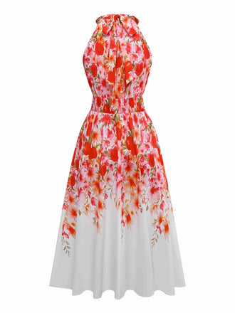 Rot 1940er Blumen Rundhals Halter Kleid