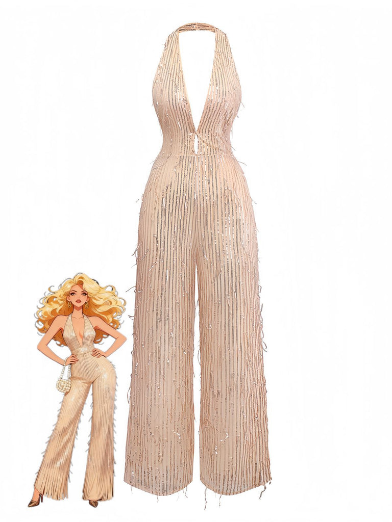 1970er Halter Tief V-Ausschnitt Paillette Franse Jumpsuit
