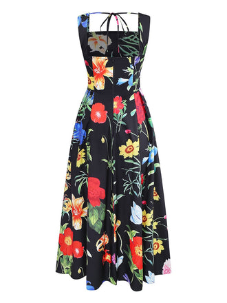 Schwarz 1930er Quadratischer Hals Blumen Maxi Kleid