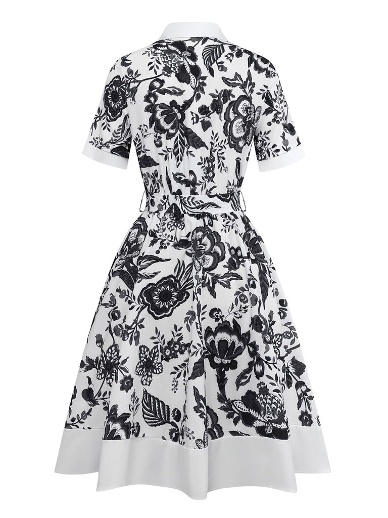 Schwarz 1940er Pflanzen Blumen Hemdkragen Gürtel Kleid