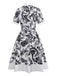 Schwarz 1940er Pflanzen Blumen Hemdkragen Gürtel Kleid