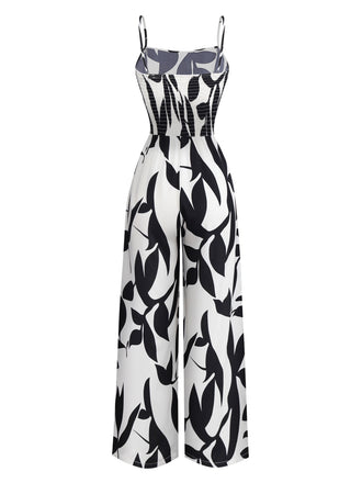 Schwarz 1930er Blätter Silhouette Spaghetti Träger Jumpsuit