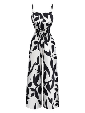 Schwarz 1930er Blätter Silhouette Spaghetti Träger Jumpsuit