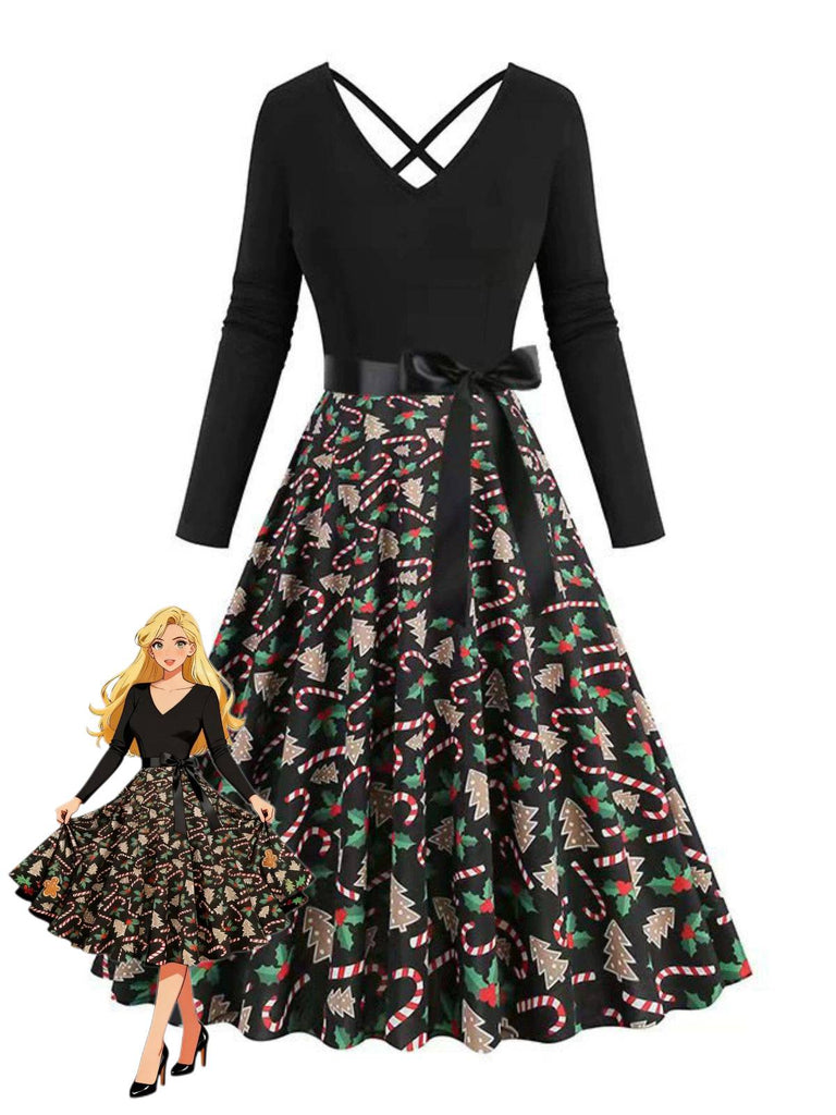 Schwarz 1950er Weihnachten Drucken V-Ausschnitt Kreuzen Kleid