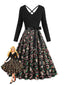 Schwarz 1950er Weihnachten Drucken V-Ausschnitt Kreuzen Kleid