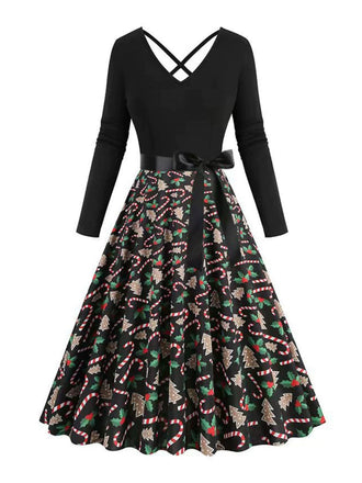Schwarz 1950er Weihnachten Drucken V-Ausschnitt Kreuzen Kleid