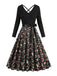 Schwarz 1950er Weihnachten Drucken V-Ausschnitt Kreuzen Kleid