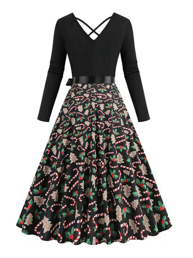 Schwarz 1950er Weihnachten Drucken V-Ausschnitt Kreuzen Kleid