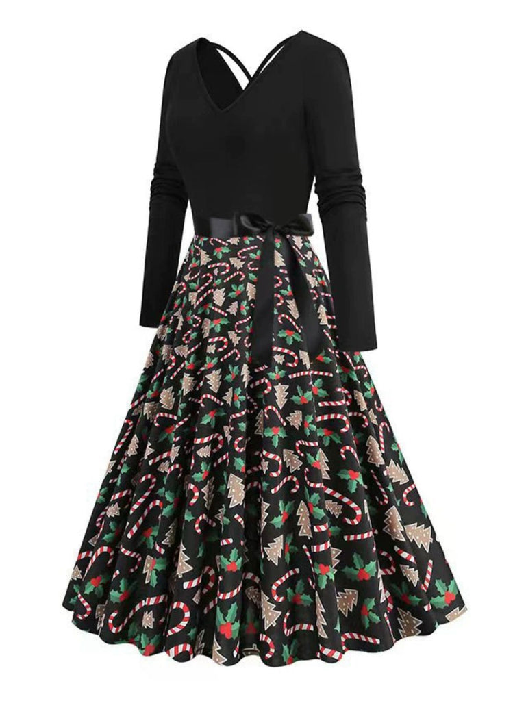 Schwarz 1950er Weihnachten Drucken V-Ausschnitt Kreuzen Kleid