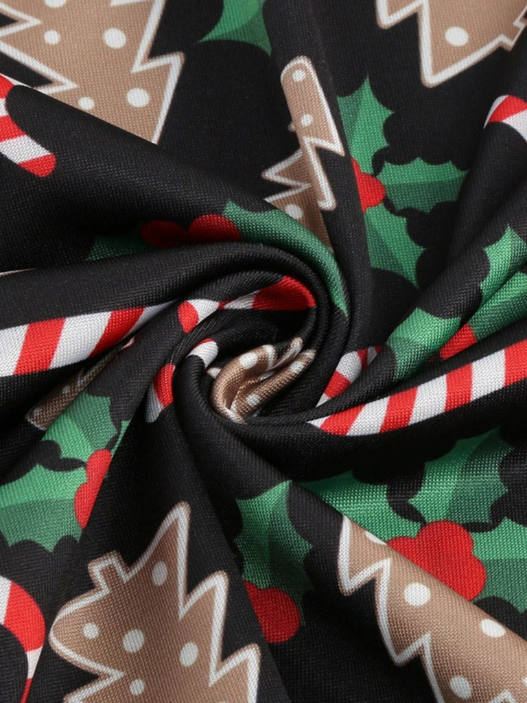 Schwarz 1950er Weihnachten Drucken V-Ausschnitt Kreuzen Kleid