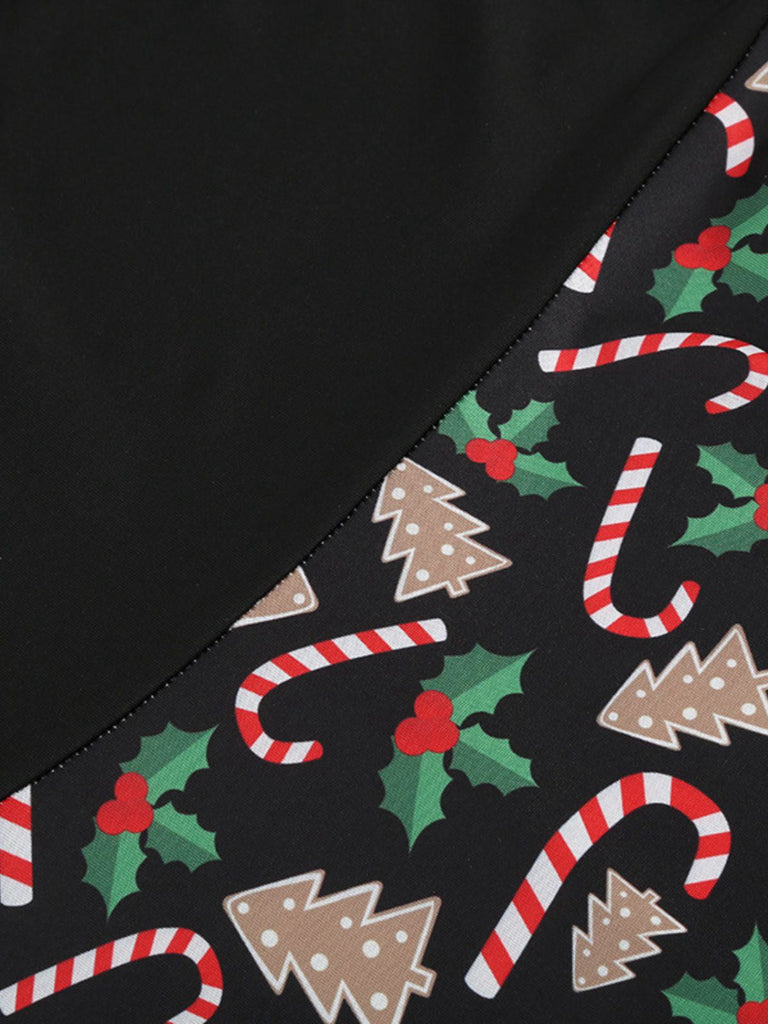 Schwarz 1950er Weihnachten Drucken V-Ausschnitt Kreuzen Kleid