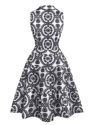 Schwarz 1940er Revers Bindegürtel Blumen Ärmellos Kleid