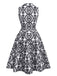 Schwarz 1940er Revers Bindegürtel Blumen Ärmellos Kleid