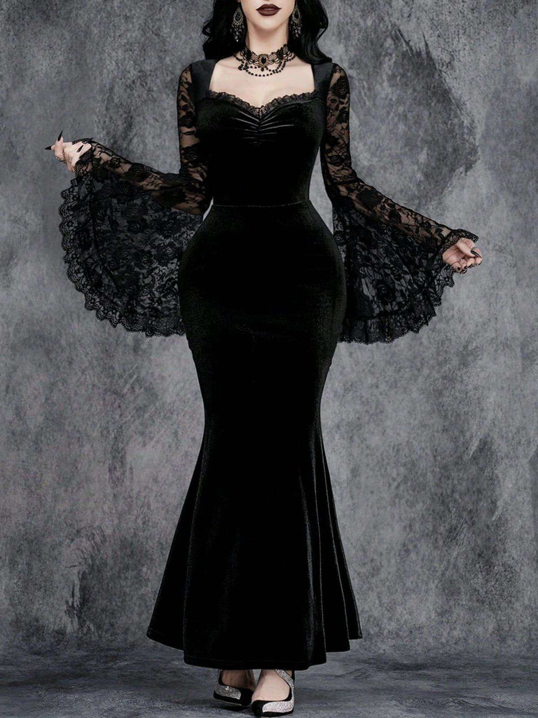 Schwarz 1930er Spitze Ärmel Samt Fischschwanz Kleid